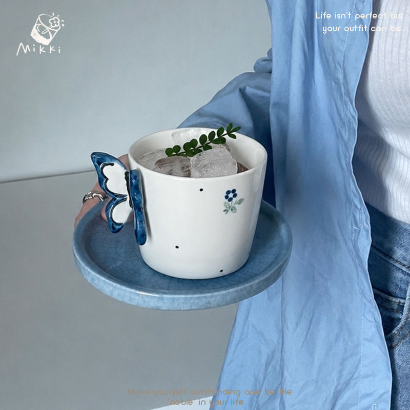 ins风蝴蝶把手蓝白渐变咖啡杯