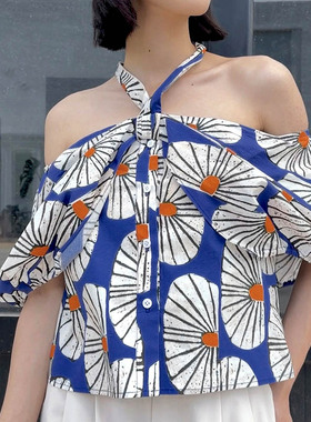 HOWL 限量进口复古印花图案度假风挂脖系带露肩上衣