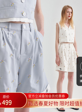 【商场同款】HOWL设计师品牌夏季野玫瑰刺绣翻边薄款高腰西装短裤