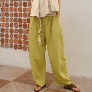 HOWL轻奢亚麻莱赛尔森林系夏日舒适升级松紧腰松弛慵懒弯刀裤