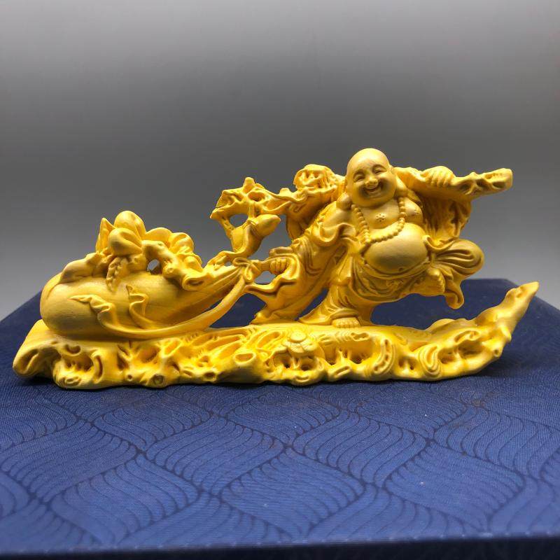 崖柏黄杨木雕拉布袋弥勒佛招财车载摆件布袋和尚人物佛像手工艺品