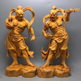 崖柏黄杨木雕哼哈二将寺庙门左右护法家用镇宅供奉装饰工艺品摆件