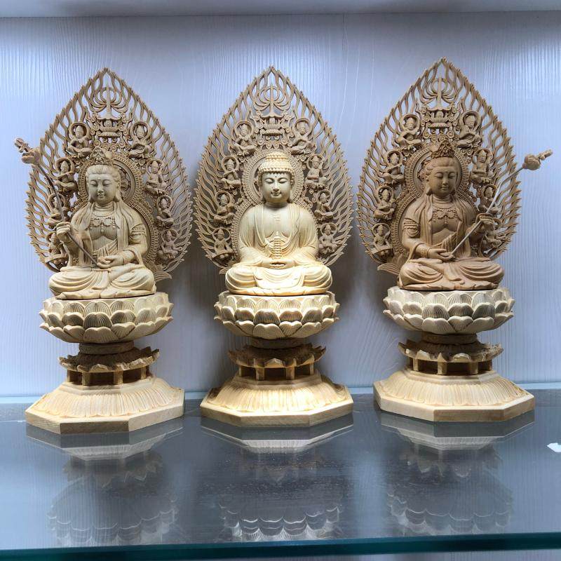 桧木雕东方三圣药师三尊人物佛像实木坐莲药师佛日光月光菩萨摆件