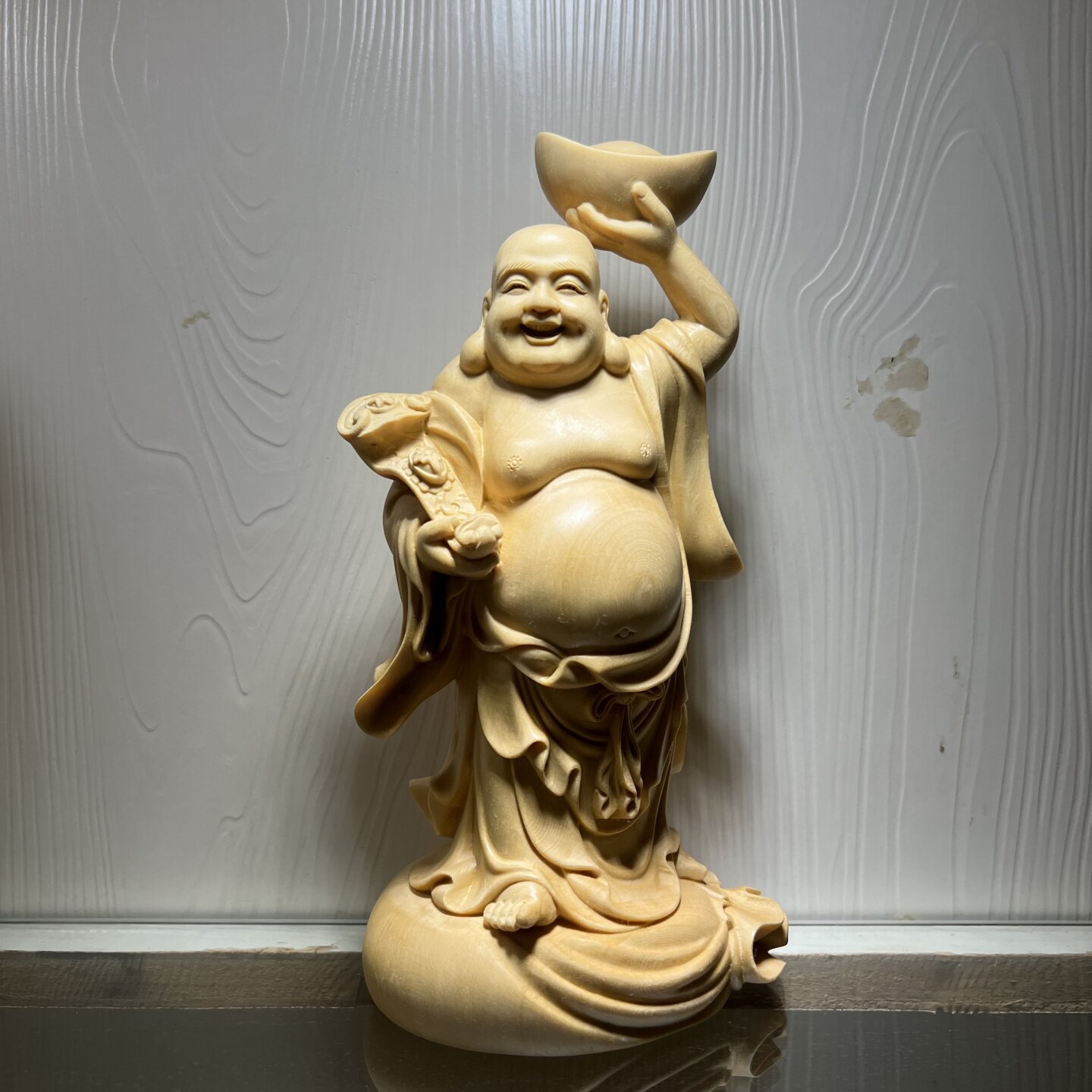桧木精雕元宝如意弥勒开心笑佛像