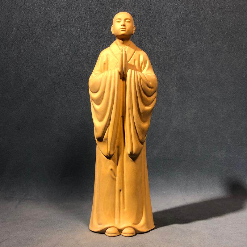 小叶黄杨木雕求佛中式禅意小和尚家居客厅茶室装饰人物摆件工艺品