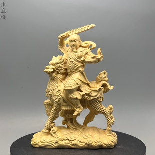 黄杨木雕真武大帝坐麒麟神像道家玄天上帝家居镇宅保平安实木摆件