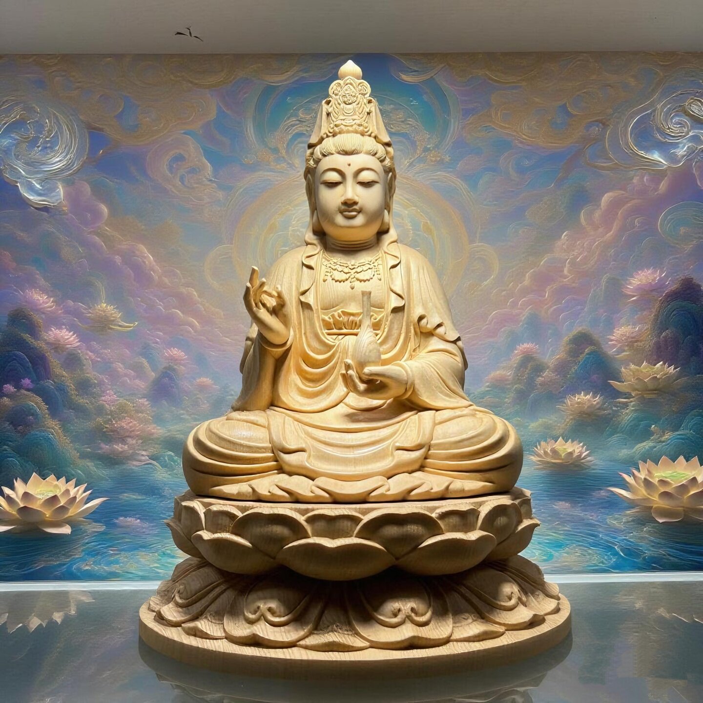 桧木雕兰花指净瓶观音像实木摆件