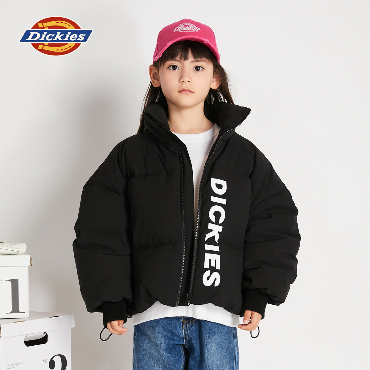 Dickies童装男童女童23冬立领拉链开襟加厚短款儿童羽绒服宽松