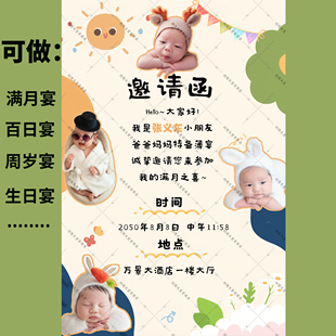 童趣可爱宝宝弥月满月百日周岁生日宴邀请函电子请帖图片请柬制作