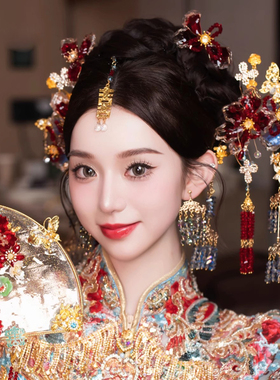 花朵新中式新娘头饰套装金红蓝色