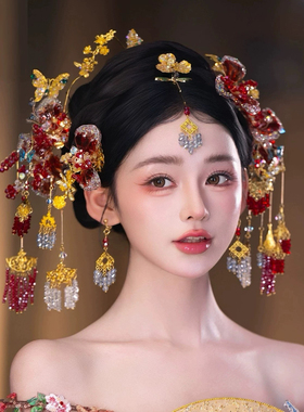 中式新娘红色花朵蝴蝶合金发饰