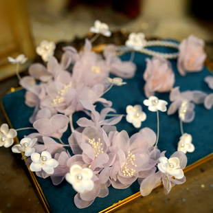 韩式新娘头饰粉色烫花绢纱头花发带发饰耳环项链发夹礼服配饰品