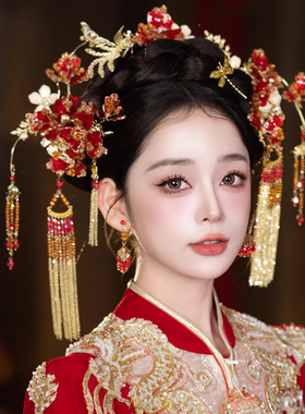 金红色秀禾新娘头饰新中式分体套装龙凤褂马面裙旗袍发饰水晶步摇