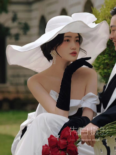 2023新品法式礼帽头纱 复古缎面优雅白色礼帽 旅拍轻婚纱配饰