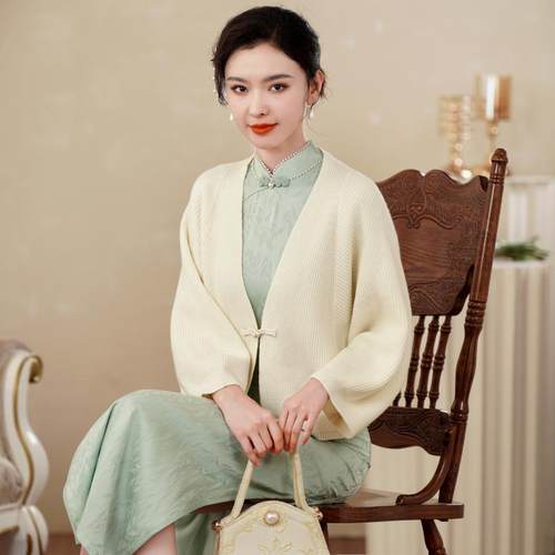 针织v领开衫民国风旗袍外搭