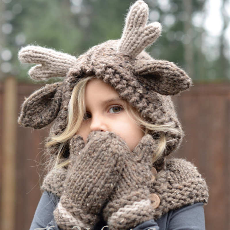 新款亲子装毛线帽子手套两件套冬加厚保暖鹿角围脖儿童成人包邮