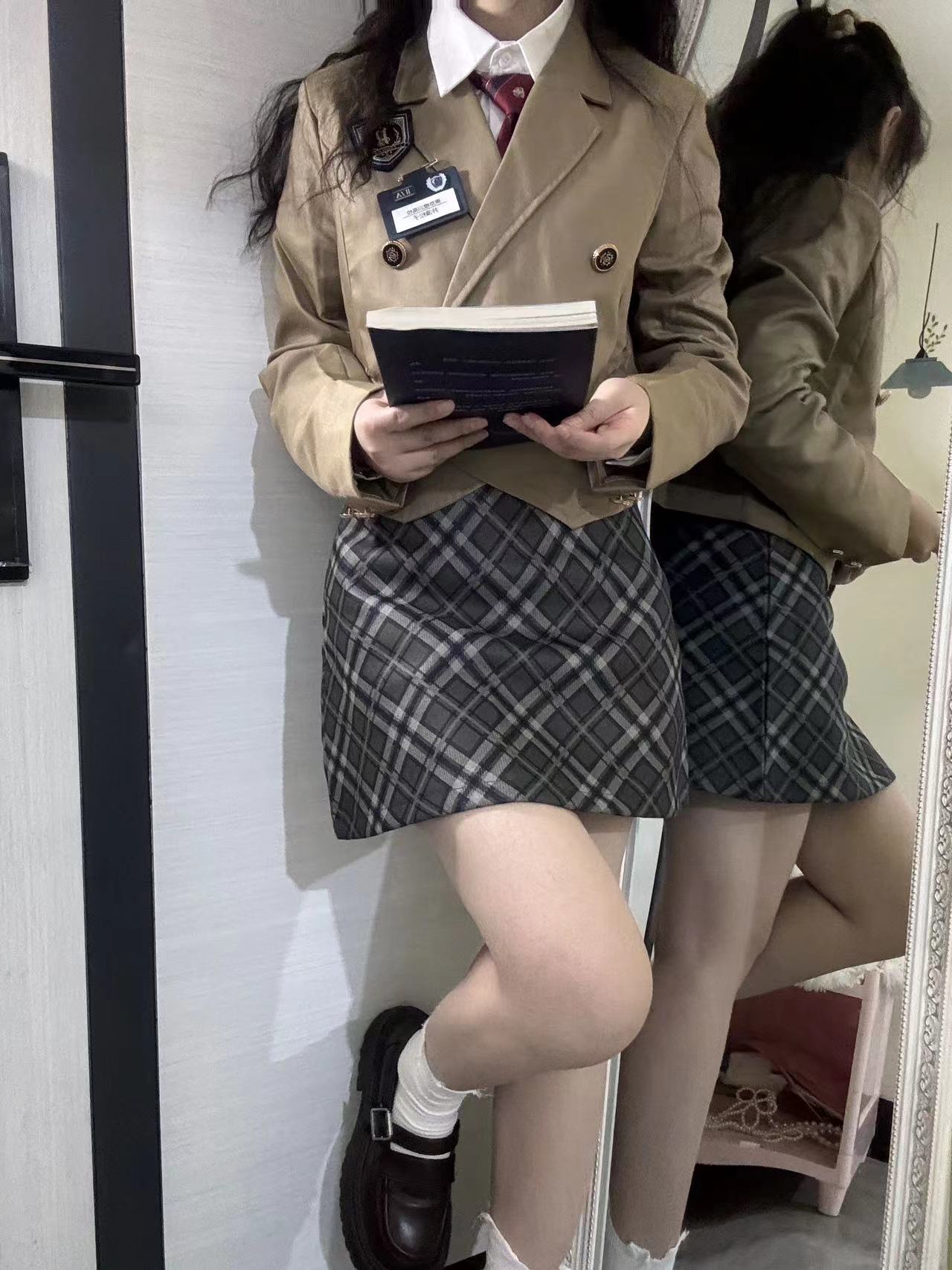 现货短款西装领双排扣茶色日系学院风jk包臀裙外套辣妹制服