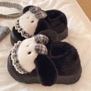 冬季新款女士棉拖鞋厚底防滑可爱蝴蝶结卡通毛绒保暖居家包根棉鞋