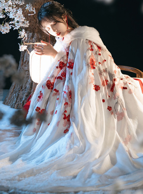 仙楚姬原创汉服女【红梅】中国风加绒加厚白色红梅斗篷日常秋冬款