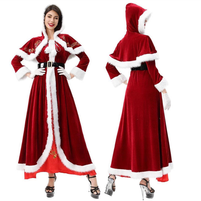 2025圣诞节服装欧美圣诞老人女款套装连帽披肩长裙全套舞台表演服