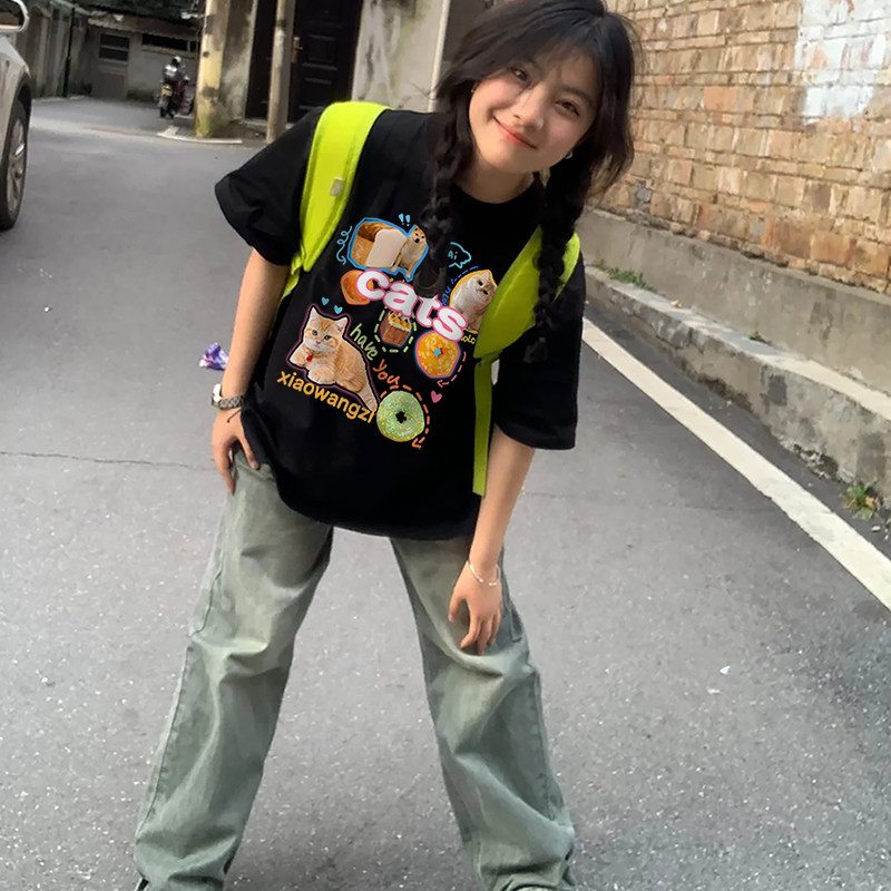 夏季宽松设计感小众半袖上衣2025纯棉美式复古卡通印花短袖T恤女