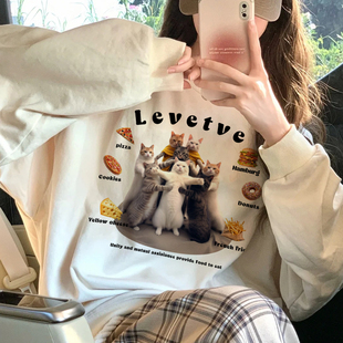 趣味六芒星猫咪印花韩版圆领卫衣秋冬季加绒宽松小众设计长袖上衣