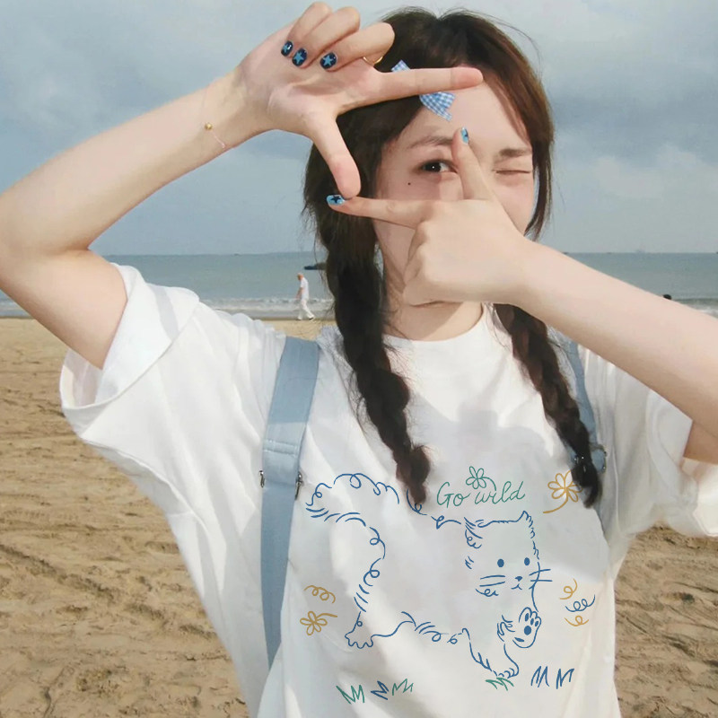 卡通猫咪刺绣洋气减龄短袖T恤女2024夏季新款显瘦百搭别致小上衣