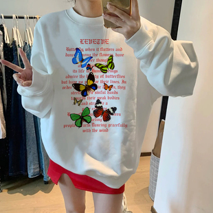 欧美街头蝴蝶印花圆领卫衣女秋冬季新款加厚小众设计感百搭上衣