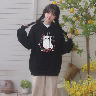 连帽卫衣女秋冬加绒款美式复古宽松oversize小猫高级港味chic外套