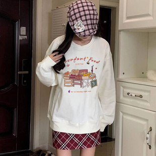 趣味小众设计水果摊印花秋冬季新款圆领卫衣女超好看百搭加绒上衣