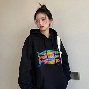 别致设计小众彩色小鱼连帽卫衣女韩系高级感宽松复古加绒百搭外套
