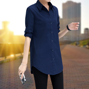 白衬衫女中长款长袖韩版宽松百搭学生打底bf衬衣大码藏青色酒红色