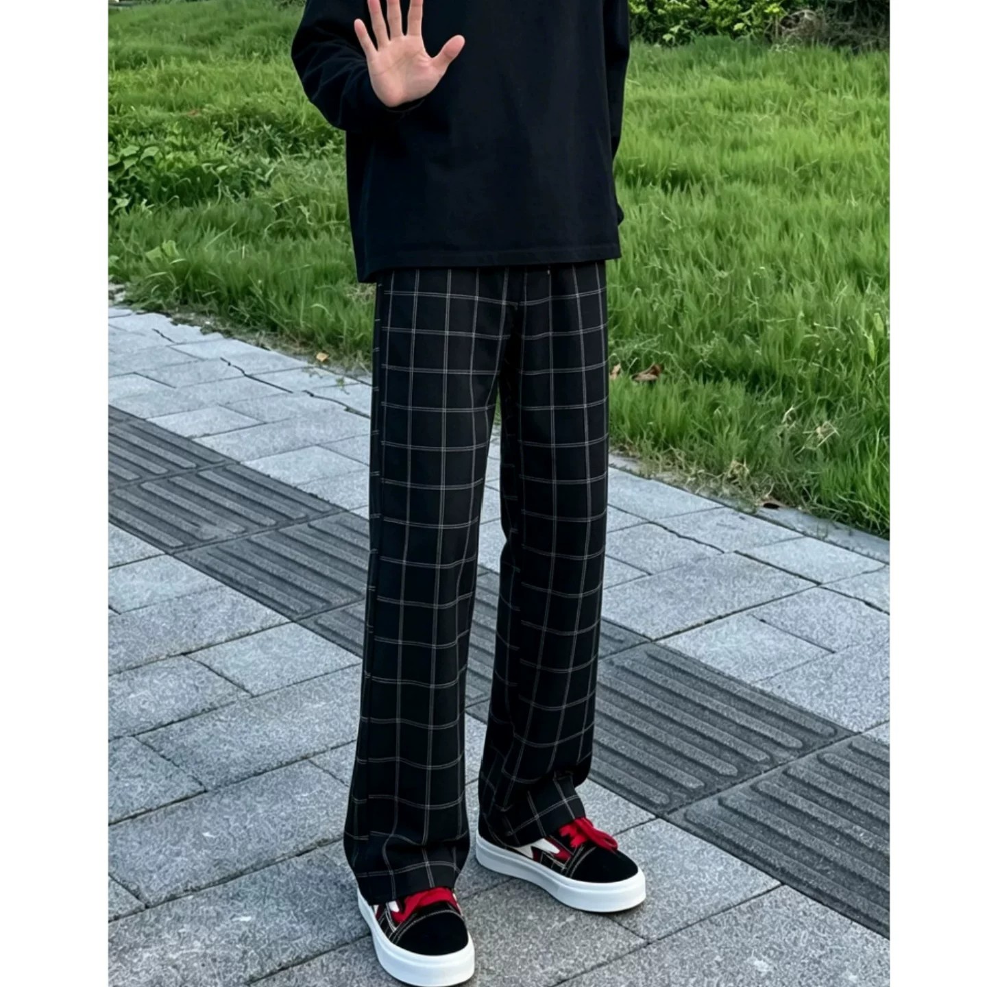 灯芯绒薄款黑色美式格子图片
