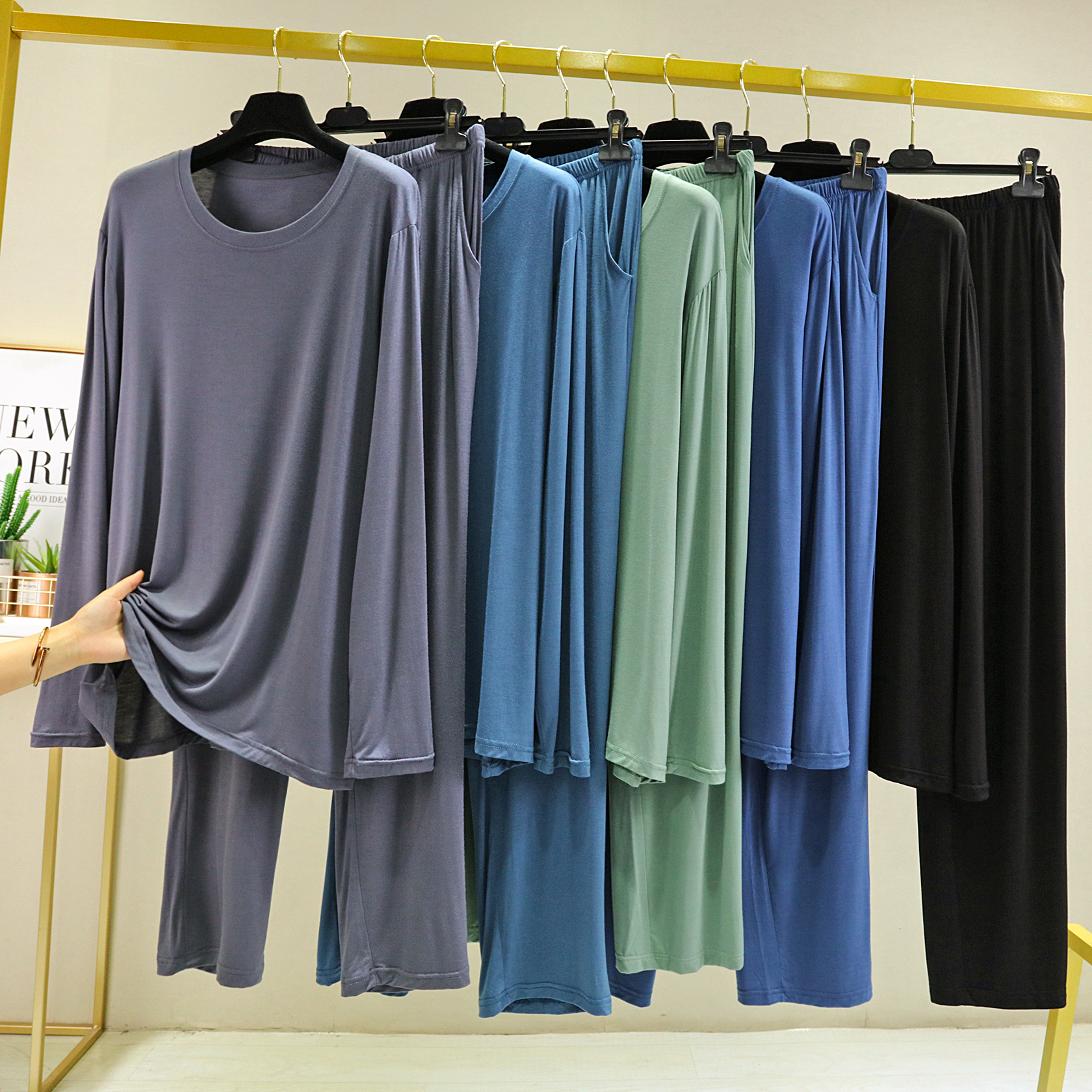 莫代尔睡衣男夏圆领套装大码宽松长袖长裤外穿运动薄款居家服薄款