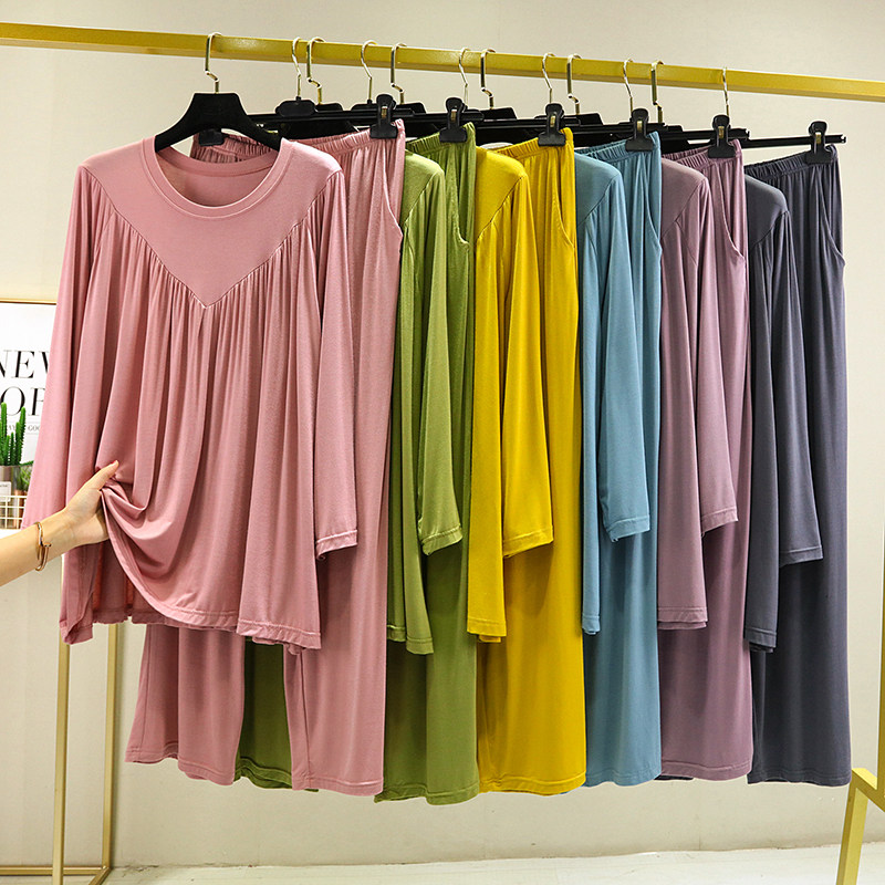 莫代尔长袖睡衣女大码宽松胖mm200斤家居服套装可外穿休闲两件套