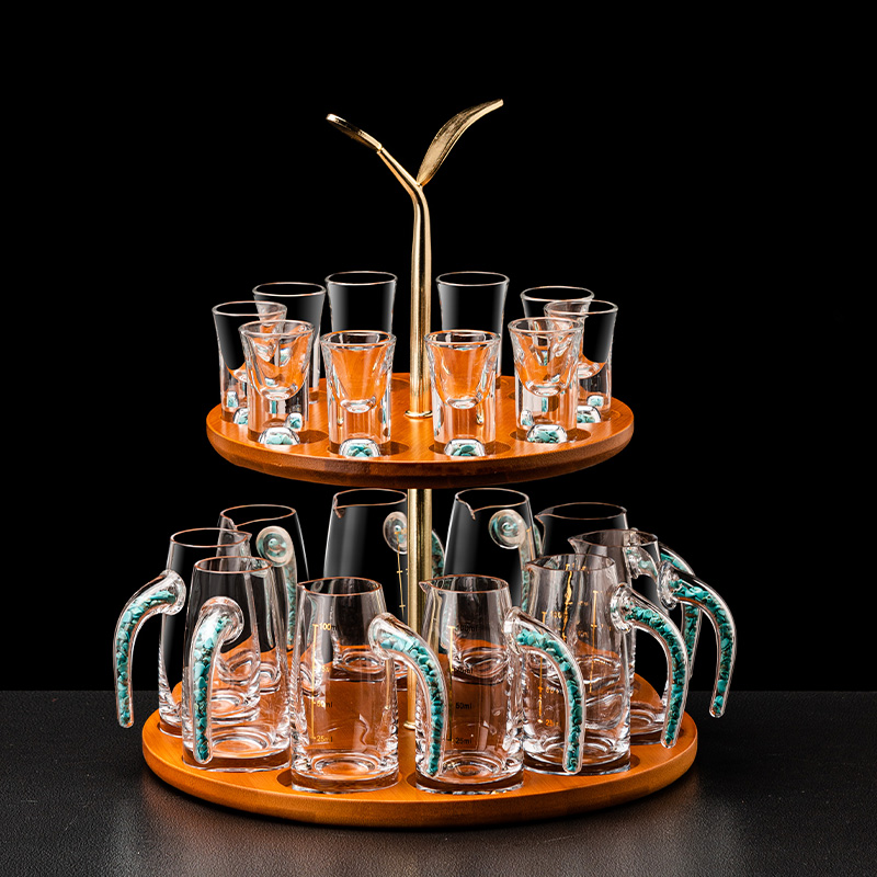家用绿松石白酒杯套装水晶分酒器带刻度二两壶子弹杯一口杯收纳架