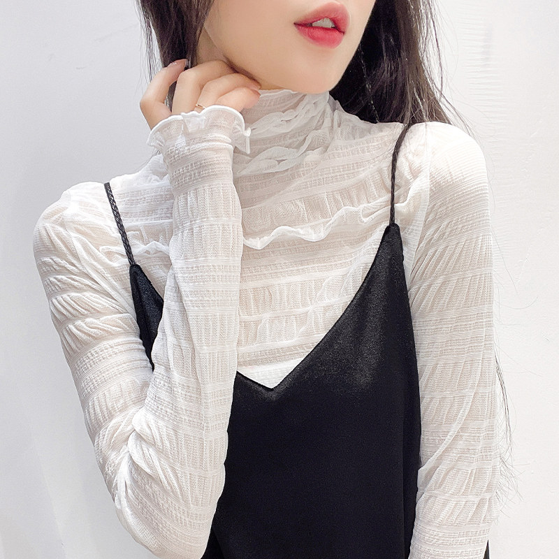 褶皱木耳网纱上衣堆堆高领蕾丝打底衫女秋冬长袖洋气毛衣内搭纱衣,女装/女士精品,蕾丝衫/雪纺衫,淘宝优惠券,粉丝福利购,淘宝优惠卷