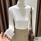 碎花T恤木耳边修身 半高领打底衫 洋气内搭长袖 2024新款 上衣 女春季