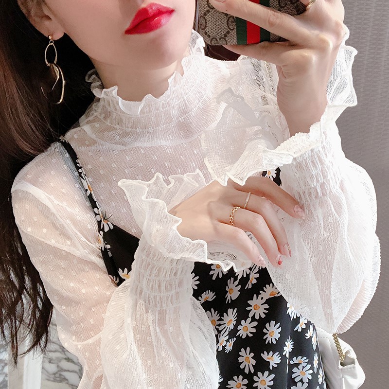 喇叭袖网纱打底衫女2021春秋新款配吊带裙内搭纱衣欧洲站蕾丝上衣