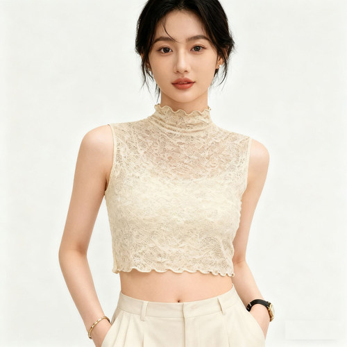 柔软蕾丝假领子女毛衣内搭秋冬半高领无袖背心叠穿薄木耳边打底衫
