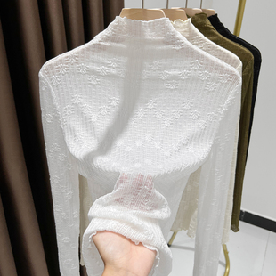 蕾丝打底衫女新款秋冬洋气半高领配皮草毛衣的内搭高级感网纱上衣