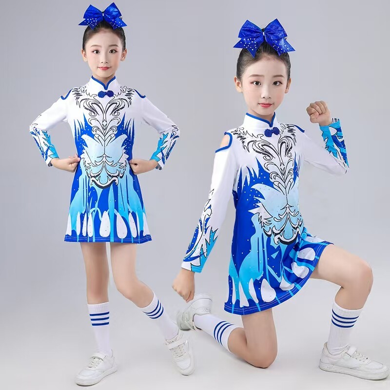 新款中国风白蓝啦啦队服比赛表演