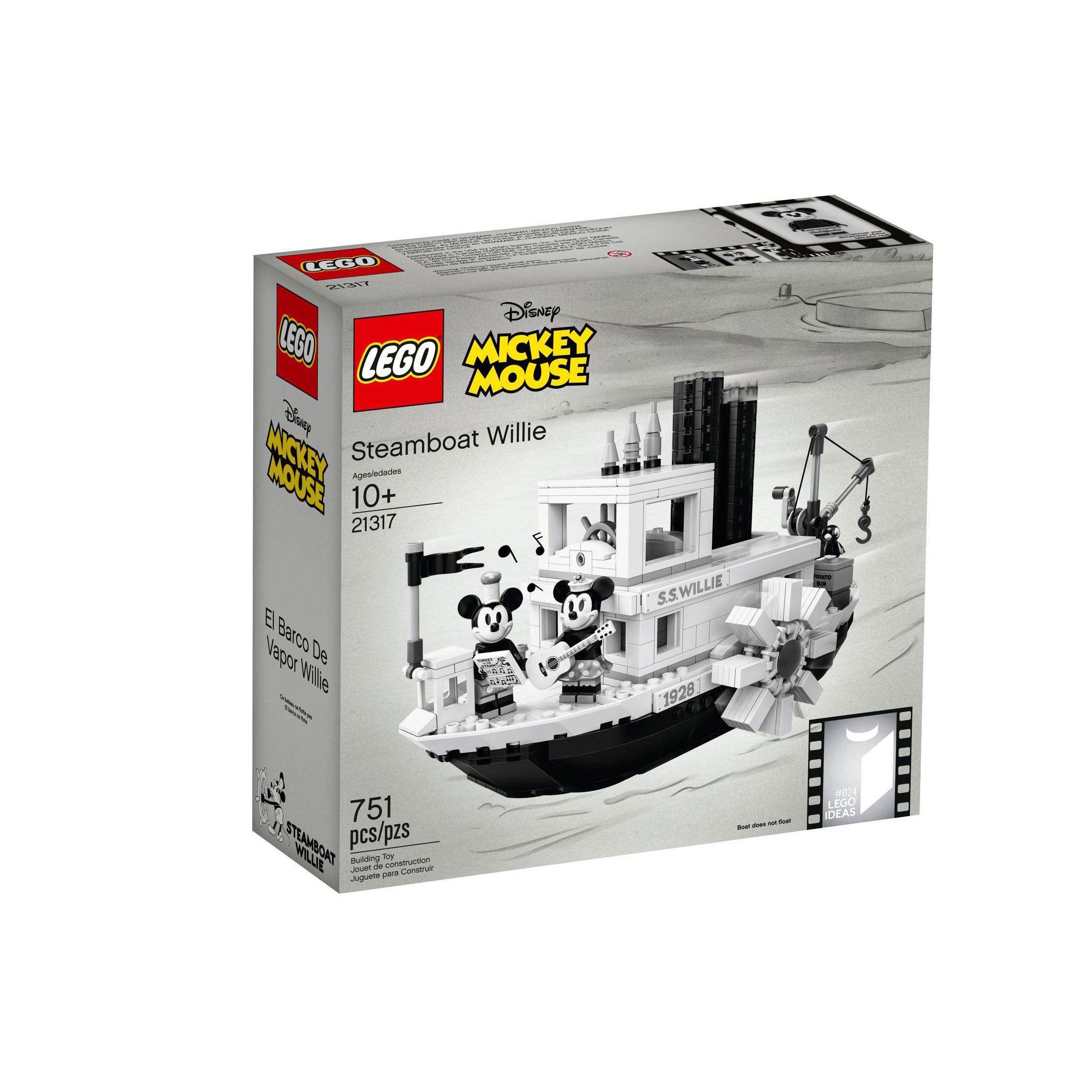 LEGO乐高IDEAS系列21317汽船威利米奇米妮黑白轮船儿童节拼搭玩具