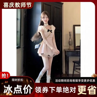 初恋千金风甜美短裙子夏季收腰显瘦蝴蝶结设计感纯欲气质连衣裙