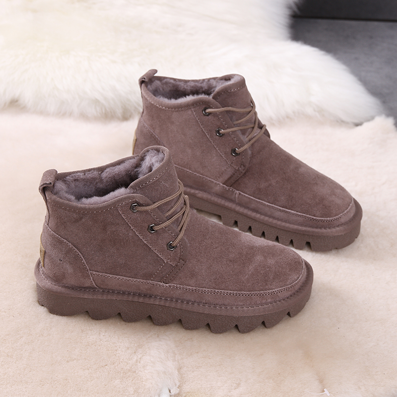 加绒保暖雪地靴系带短筒休闲牛皮