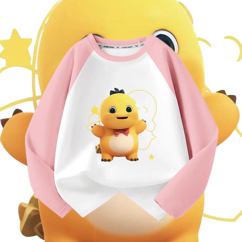 奶龙小七纯棉拼接长袖t恤春秋新款洋气男女儿童宝宝爆款衣服cos服