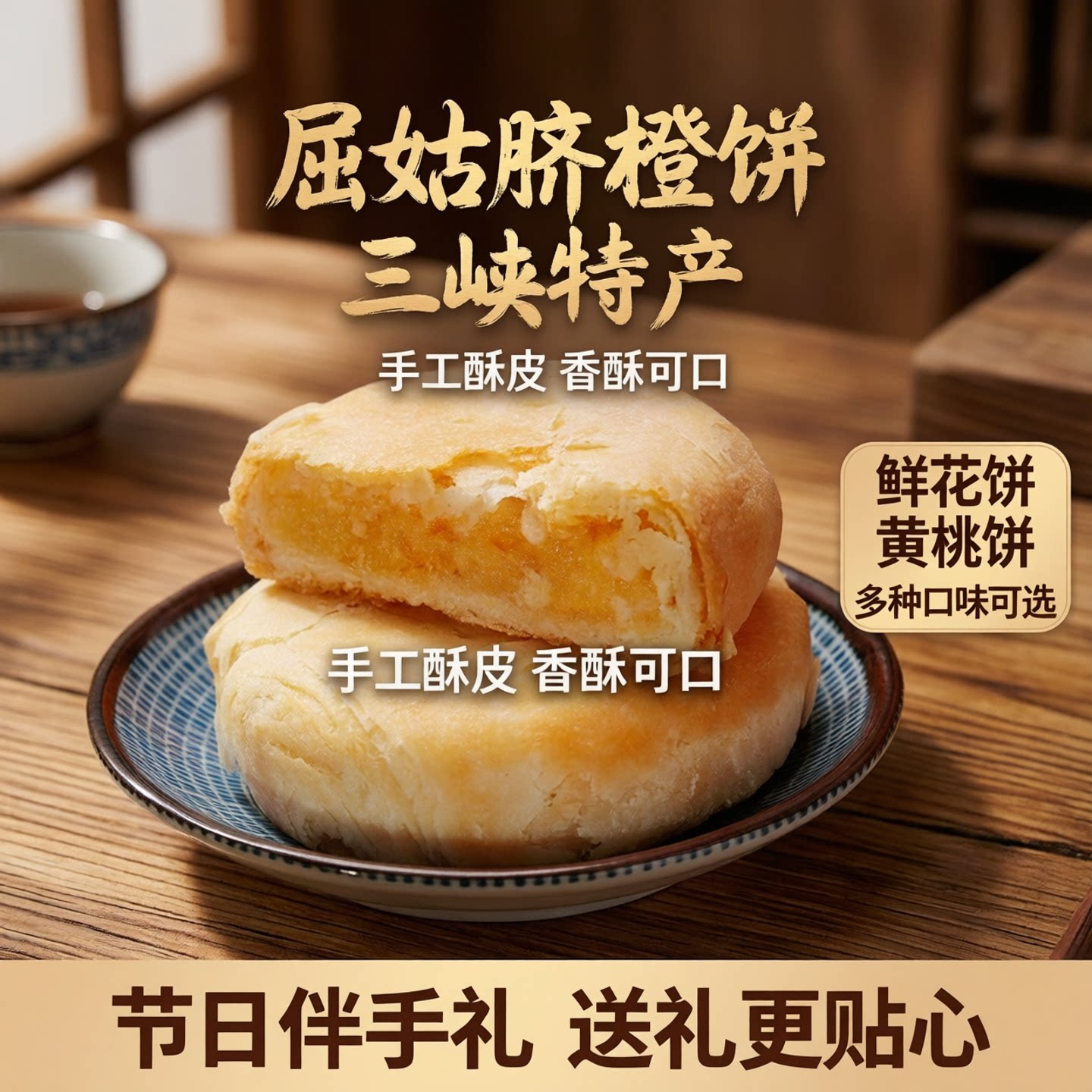 屈姑脐橙饼三峡特产鲜花饼黄桃饼手工酥皮糕点心香酥饼中国伴手礼