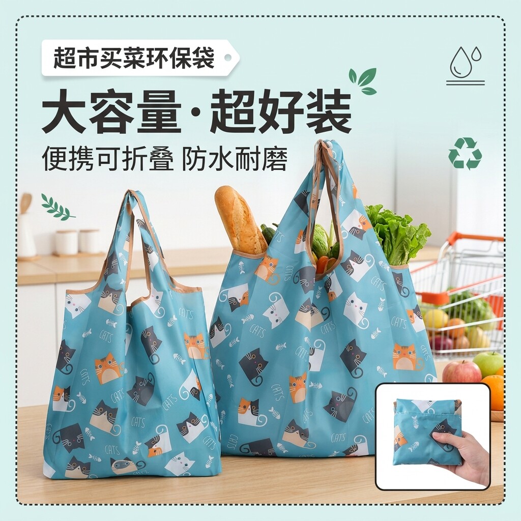 2个装中号超市环保购物袋可折叠轻便妈咪买菜包轻防水收纳袋