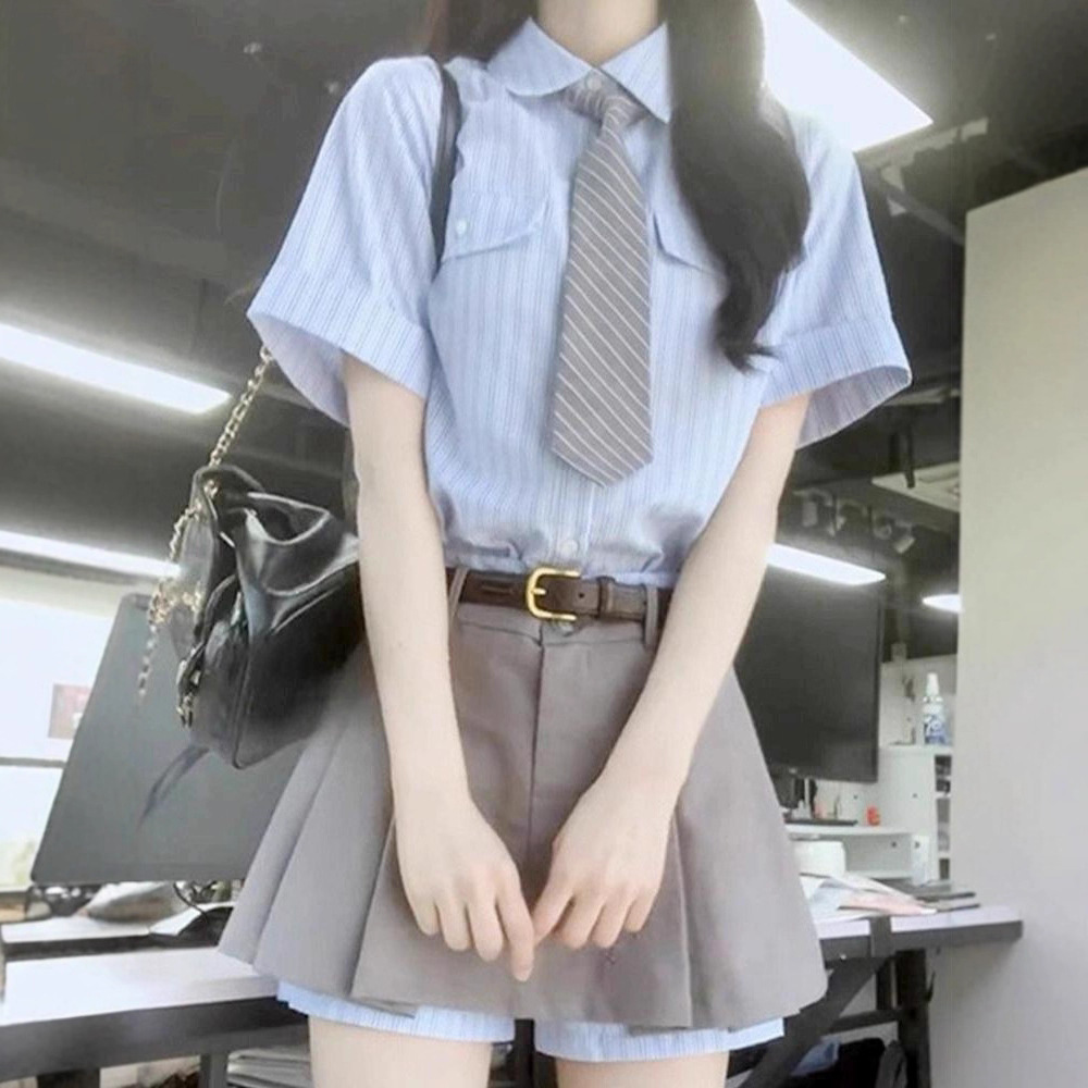 2025年夏季品牌清新学院风格条纹衬衫裙日韩系JK制服百褶短裙套装