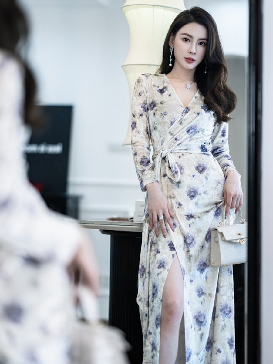 이론 앵거스 가을 겨울 프랑스 복고풍 스타 플라워 랩 스커트 슬리밍 배를 덮는 연회 벨벳 드레스
